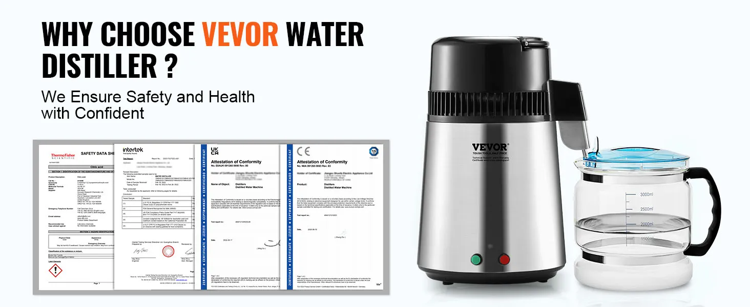 VEVOR-waterdestilleerder met certificeringsdocumenten die de veiligheid en gezondheidsvoordelen garanderen.