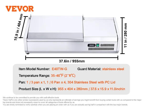Dimensiones de la estación de preparación de condimentos refrigerada VEVOR, cuerpo de acero inoxidable y rango de temperatura de 35 a 46 °F.