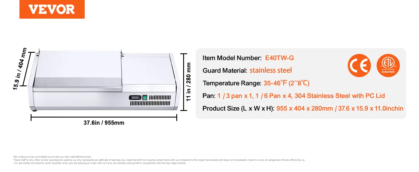 Dimensiones de la estación de preparación de condimentos refrigerada VEVOR, cuerpo de acero inoxidable y rango de temperatura de 35 a 46 °F.
