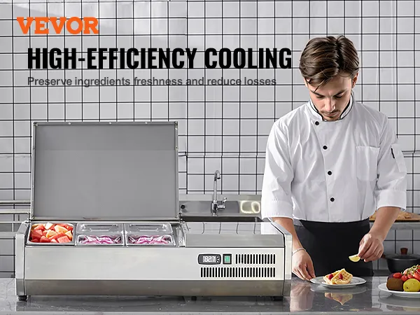 Estación de preparación de condimentos refrigerada VEVOR con enfriamiento de alta eficiencia para lograr frescura y reducir pérdidas.