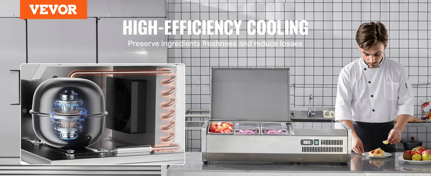 Estación de preparación de condimentos refrigerada VEVOR con enfriamiento de alta eficiencia para lograr frescura y reducir pérdidas.