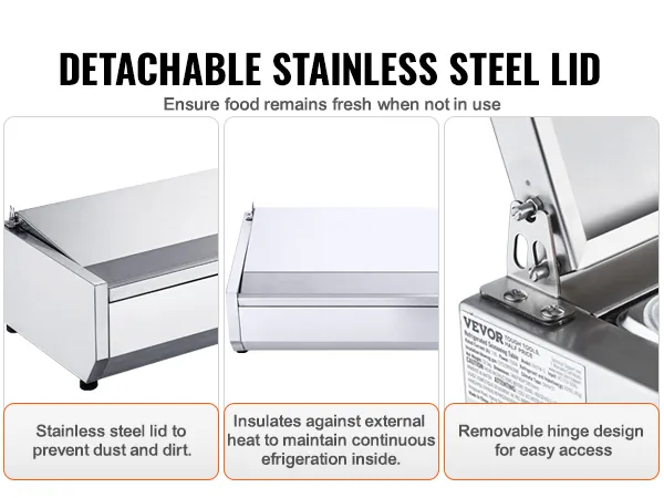 Estación de preparación de condimentos refrigerada VEVOR con tapa de acero inoxidable desmontable para mantener los alimentos frescos.