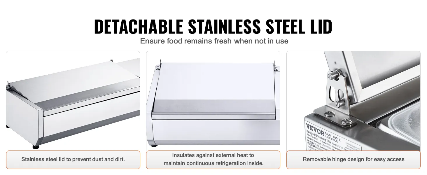 Estación de preparación de condimentos refrigerada VEVOR con tapa de acero inoxidable desmontable para mantener los alimentos frescos.