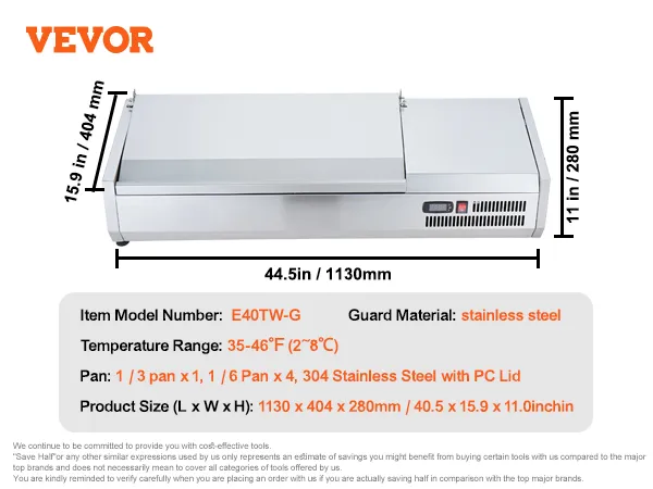 VEVOR gekoeld bereidingsstation voor kruiden, roestvrij staal, 35-46°f, 1130x404x280mm, model e40tw-g.