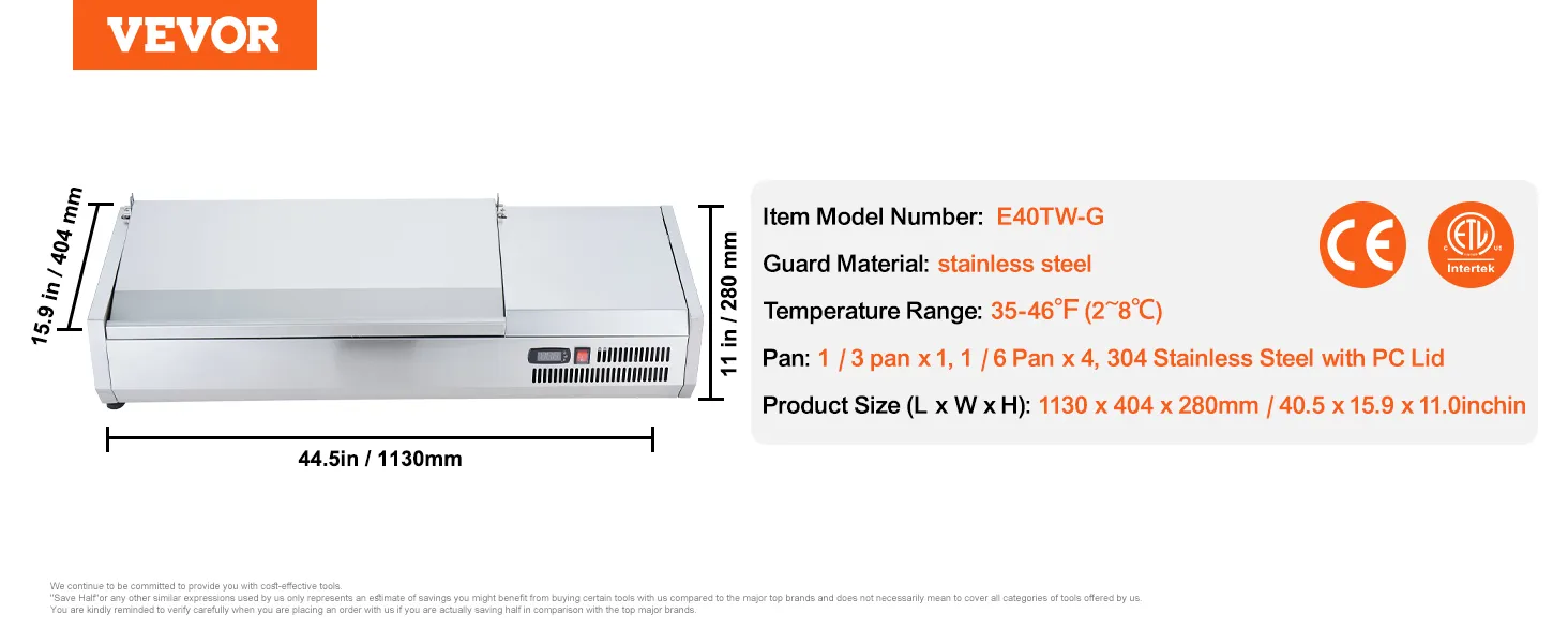 VEVOR gekoeld bereidingsstation voor kruiden, roestvrij staal, 35-46°f, 1130x404x280mm, model e40tw-g.