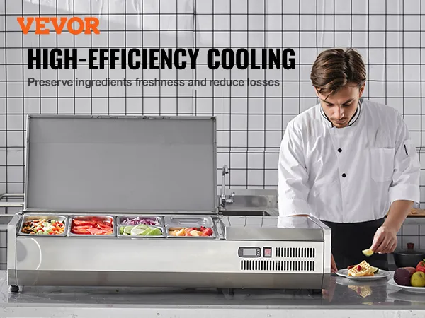 Gekoeld VEVOR-bereidingsstation voor kruiden en specerijen met zeer efficiënte koeling en verse ingrediënten.