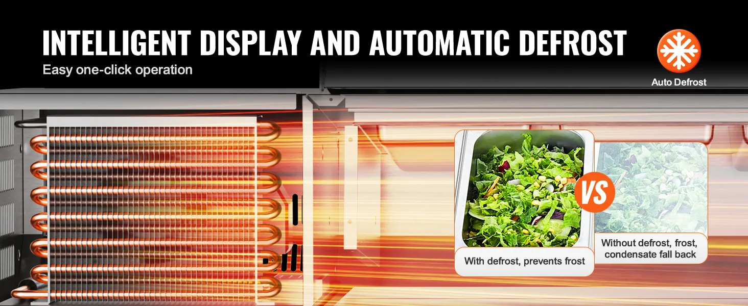 VEVOR gekoeld bereidingsstation voor kruiden en specerijen met intelligent display en automatische ontdooifuncties.