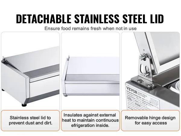 VEVOR gekoeld bereidingsstation voor kruiden en specerijen met afneembaar roestvrijstalen deksel voor versheid en eenvoudige toegang.