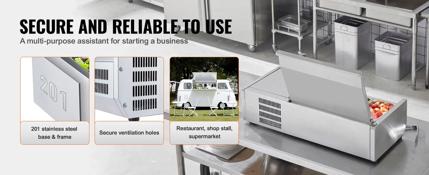 Gekoeld VEVOR-bereidingsstation voor specerijen met roestvrijstalen basis en veilige ventilatie voor restaurants.