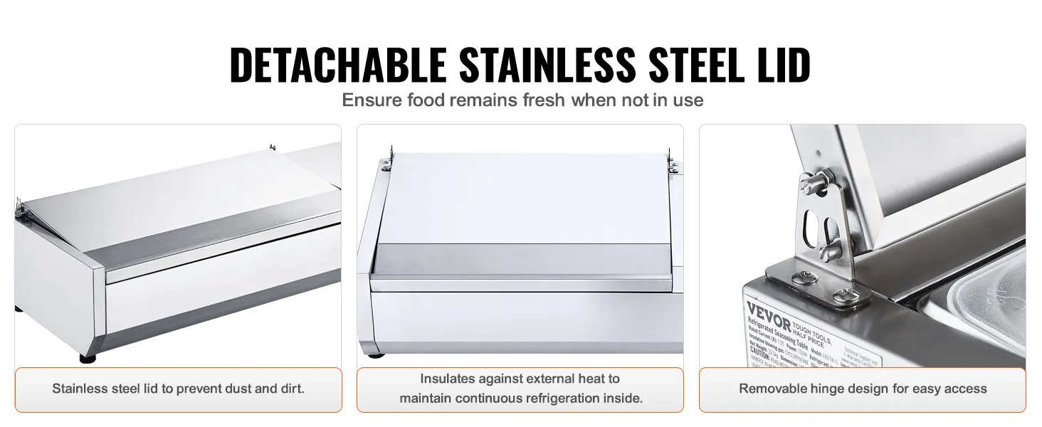 VEVOR refrigerated condiment station with removable stainless steel lid, insulates and protects contents.