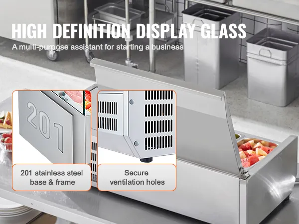 VEVOR refrigerated condiment station with 201 stainless steel base, secure ventilation, and versatile use.