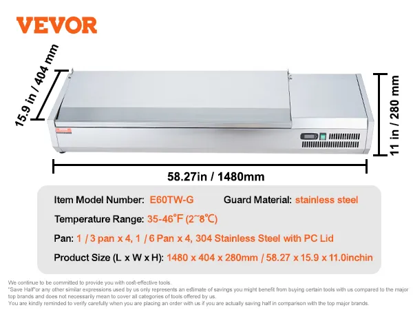 VEVOR gekoeld bereidingsstation voor specerijen, 1480 x 404 x 280 mm, roestvrijstalen bescherming, temperatuurbereik 35-46°F.