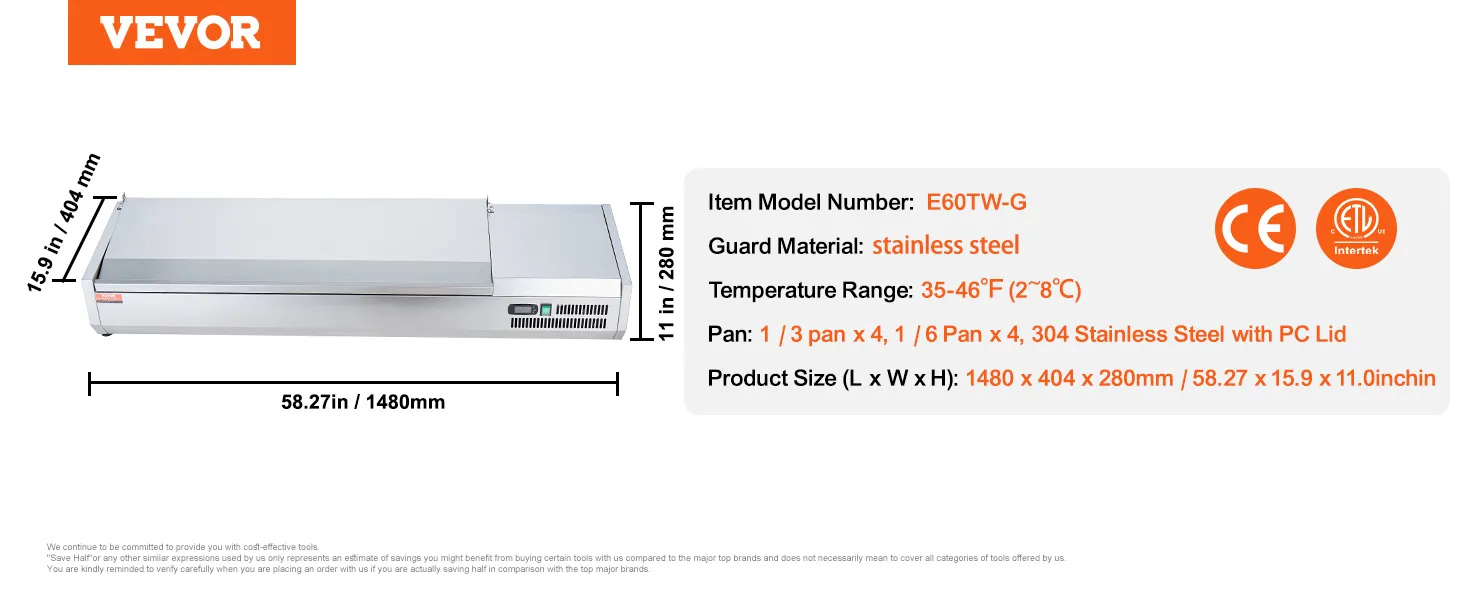 VEVOR gekoeld bereidingsstation voor specerijen, 1480 x 404 x 280 mm, roestvrijstalen bescherming, temperatuurbereik 35-46°F.
