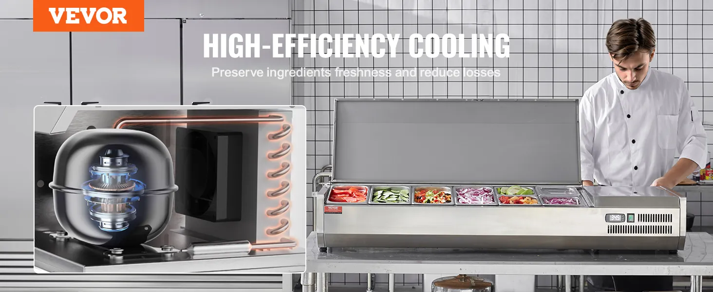 Gekoeld VEVOR-bereidingsstation voor kruiden en specerijen met zeer efficiënte koeling voor verse ingrediënten.