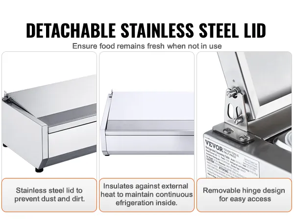 VEVOR gekoeld bereidingsstation voor kruiden en specerijen met afneembaar roestvrijstalen deksel voor versheid.