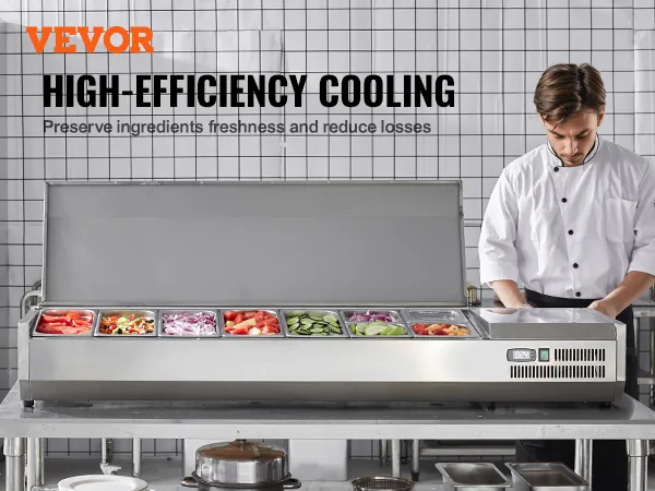 VEVOR refrigerated condiment prep station with high-efficiency cooling for preserving freshness.