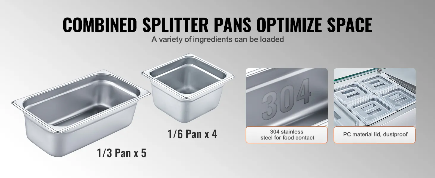 combined splitter pans for VEVOR refrigerated condiment prep station, stainless steel and pc lid