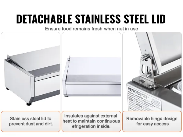 detachable stainless steel lid for VEVOR refrigerated condiment prep station ensuring food freshness.