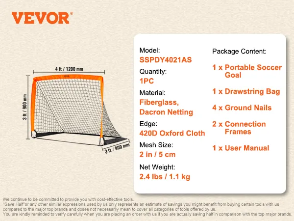Dimensiones del arco de fútbol portátil VEVOR: 4 pies x 3 pies, fibra de vidrio, red de dacrón, detalles del paquete incluidos.