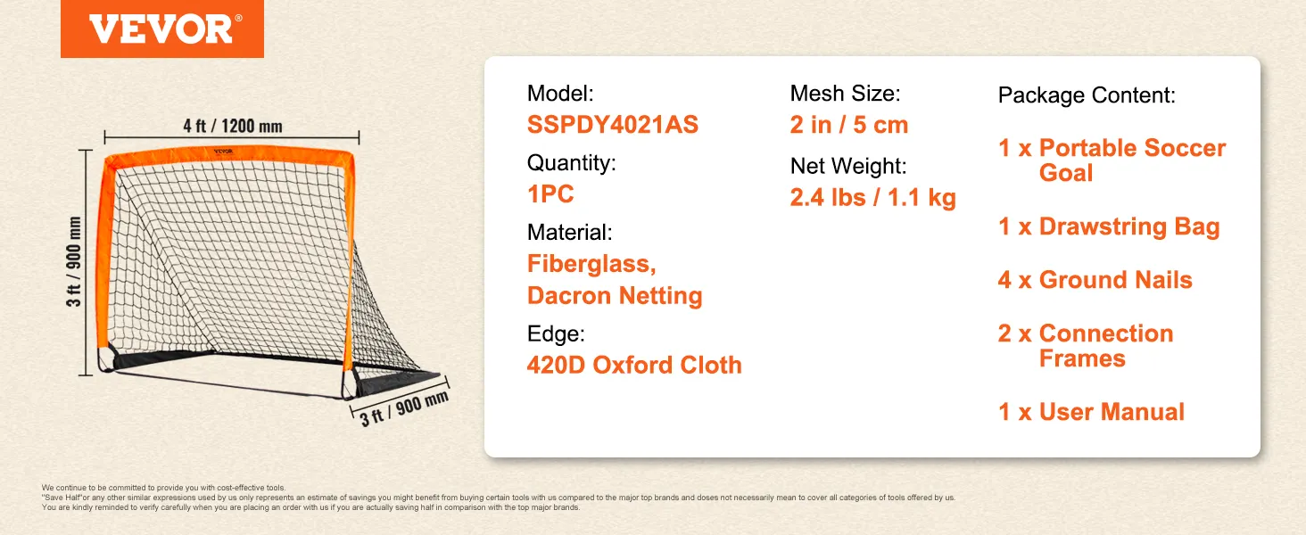 Dimensiones del arco de fútbol portátil VEVOR: 4 pies x 3 pies, fibra de vidrio, red de dacrón, detalles del paquete incluidos.