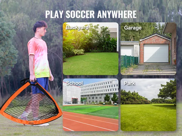 Portería de fútbol portátil VEVOR sostenida por una persona con opciones para jugar en el patio, el garaje, la escuela o el parque.
