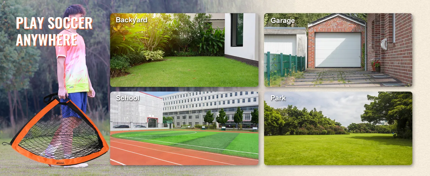 Portería de fútbol portátil VEVOR sostenida por una persona con opciones para jugar en el patio, el garaje, la escuela o el parque.