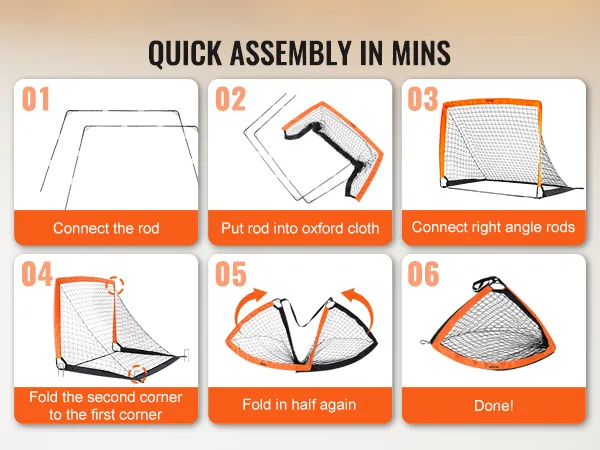Pasos de montaje de la portería de fútbol portátil VEVOR: conectar las varillas, insertar la varilla en la tela, conectar las varillas en ángulo recto, doblar y listo.