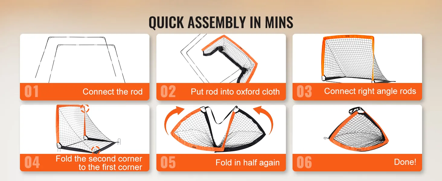 Pasos de montaje de la portería de fútbol portátil VEVOR: conectar las varillas, insertar la varilla en la tela, conectar las varillas en ángulo recto, doblar y listo.
