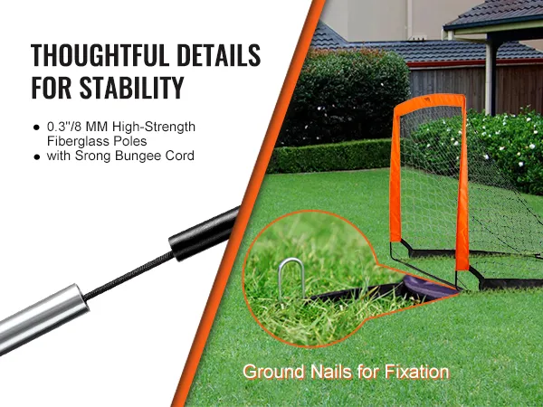 Portería de fútbol portátil VEVOR con postes de fibra de vidrio, cordón elástico resistente y clavos rectificados para mayor estabilidad.
