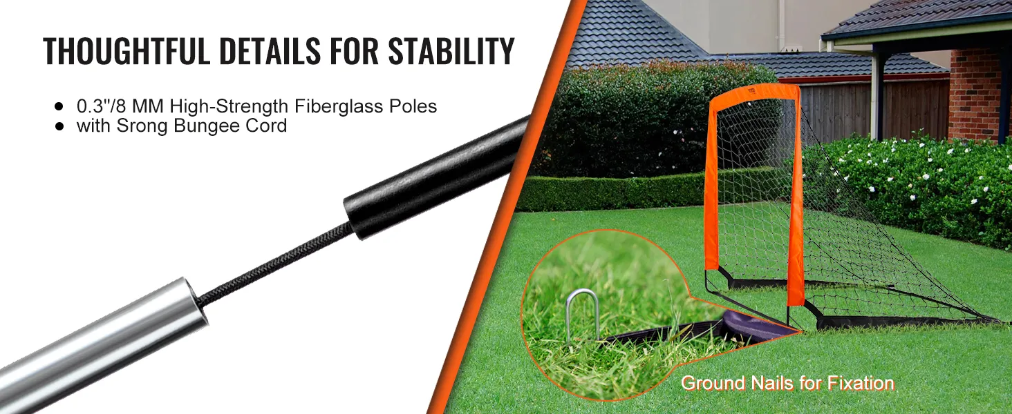 Portería de fútbol portátil VEVOR con postes de fibra de vidrio, cordón elástico resistente y clavos rectificados para mayor estabilidad.