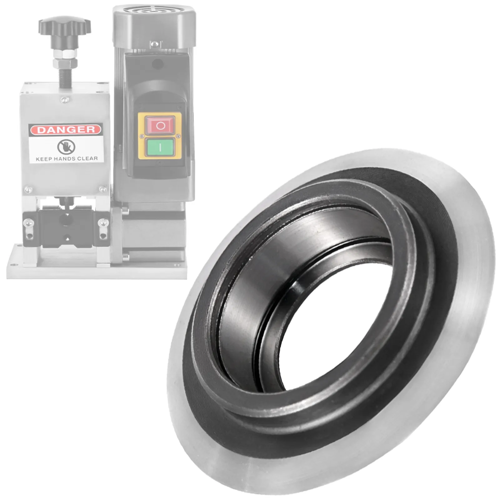 VEVOR wire stripper blades next to a wire stripping machine with colorful switches.