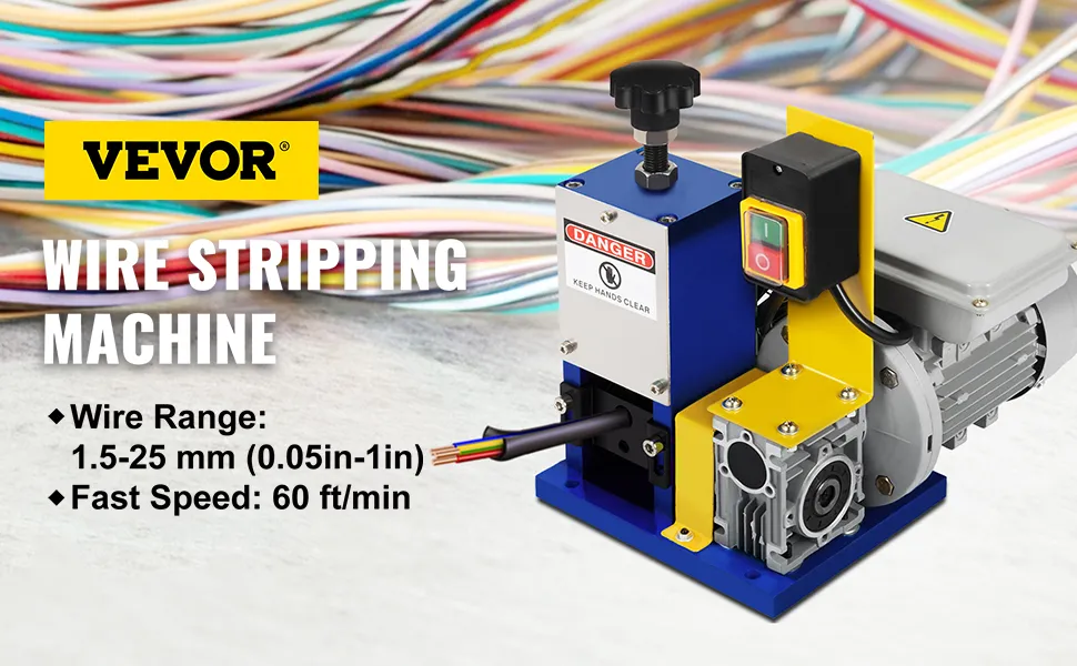 VEVOR wire stripping machine with 1.5-25 mm range and 60 ft/min speed.
