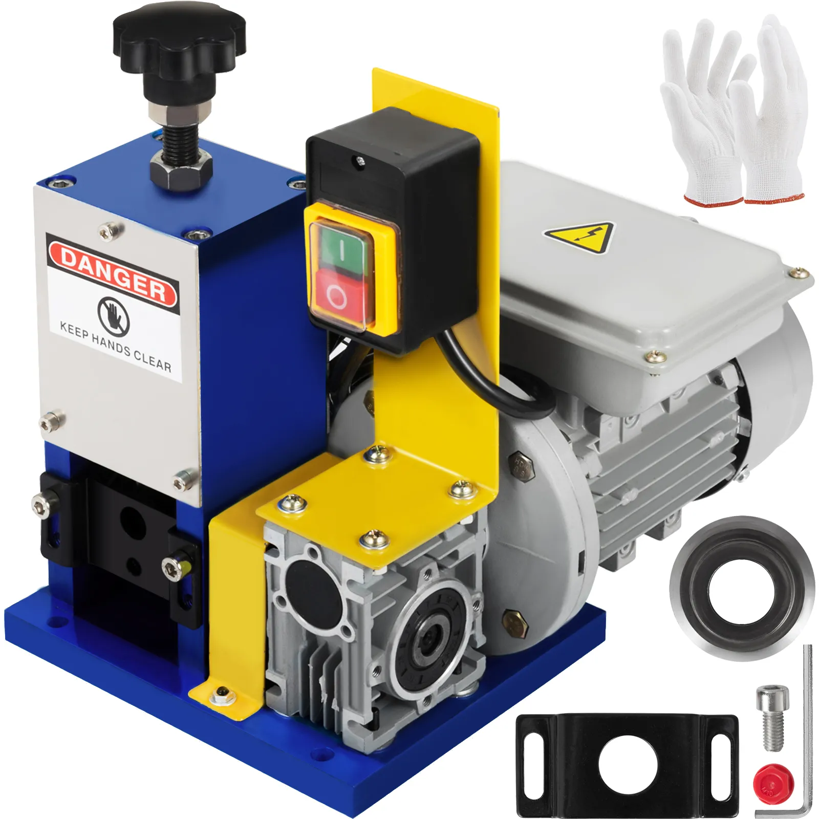 VEVOR draadstripmachine met handschoenen en accessoires, voorzien van elektromotor en veiligheidsschakelaar.