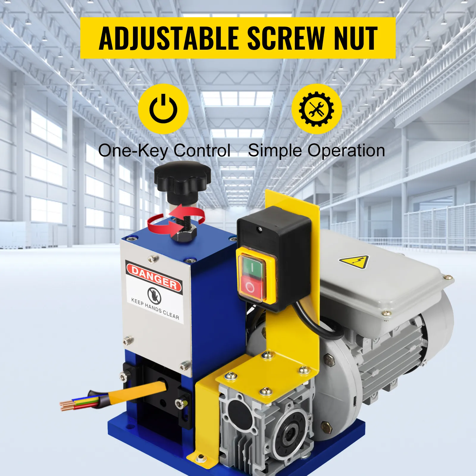 VEVOR wire stripping machine with one-key control and adjustable screw nut in a warehouse.
