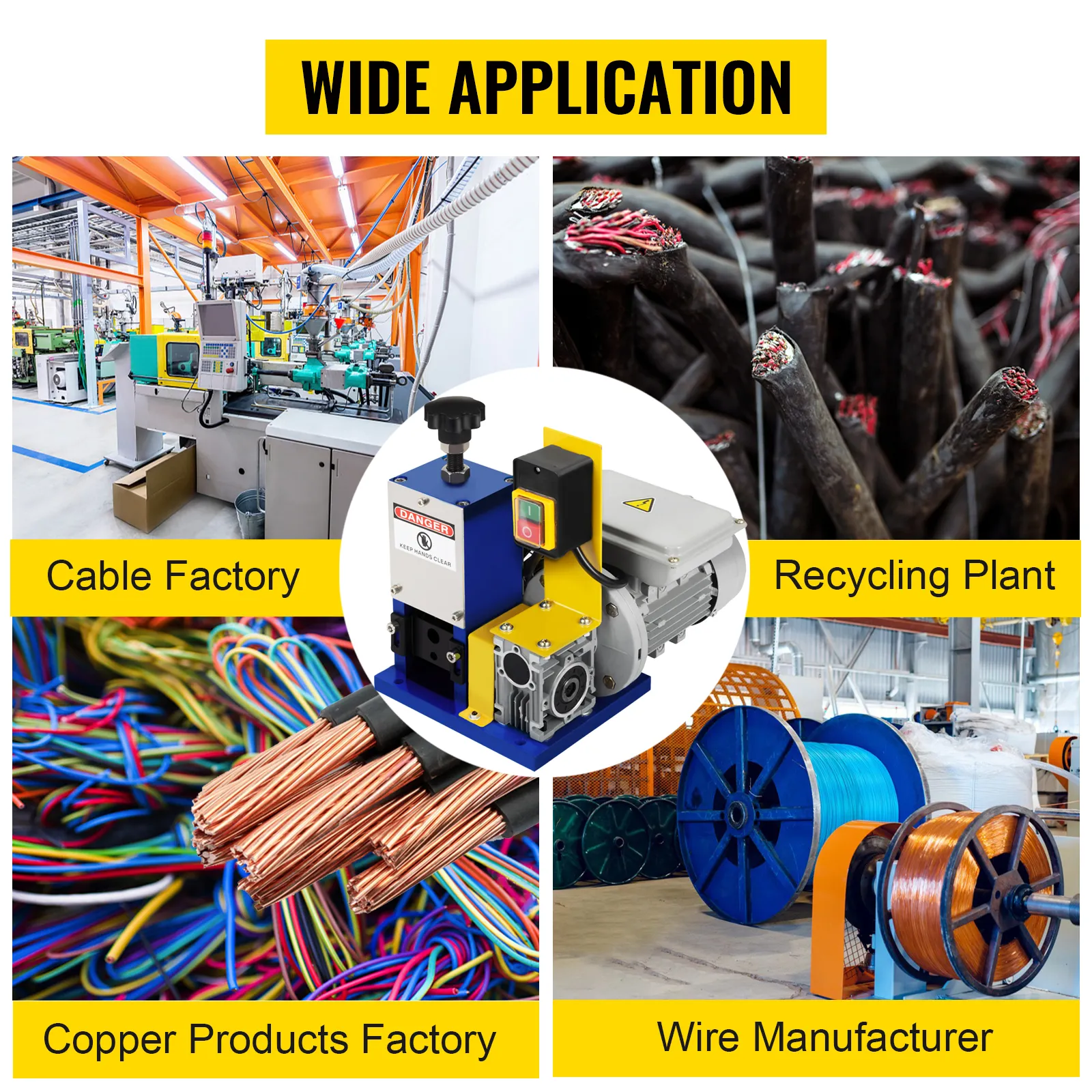 VEVOR wire stripping machine in cable factory, recycling plant, copper products factory, and wire manufacturer.