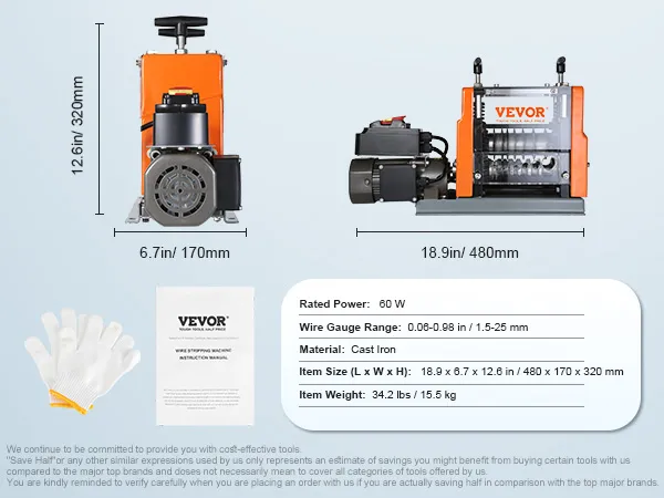 VEVOR wire stripping machine, 60w, cast iron, wire gauge range 0.06-0.98 in, item size 18.9x6.7x12.6 in.