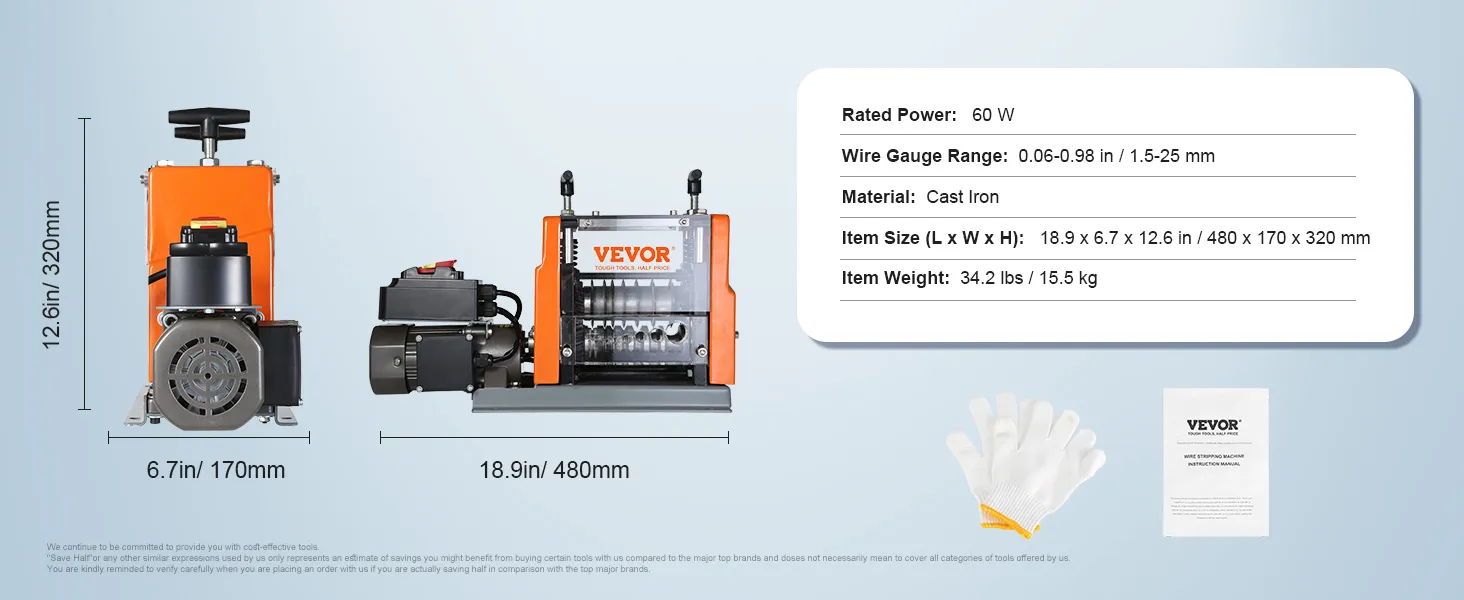 VEVOR wire stripping machine, 60w, cast iron, wire gauge range 0.06-0.98 in, item size 18.9x6.7x12.6 in.