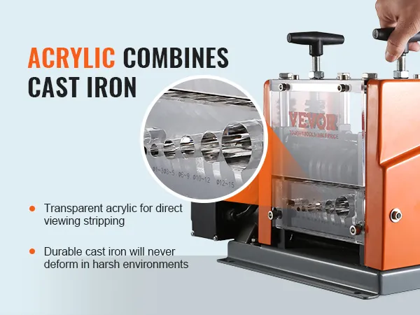 VEVOR wire stripping machine with clear acrylic window and sturdy cast iron for ultimate durability.