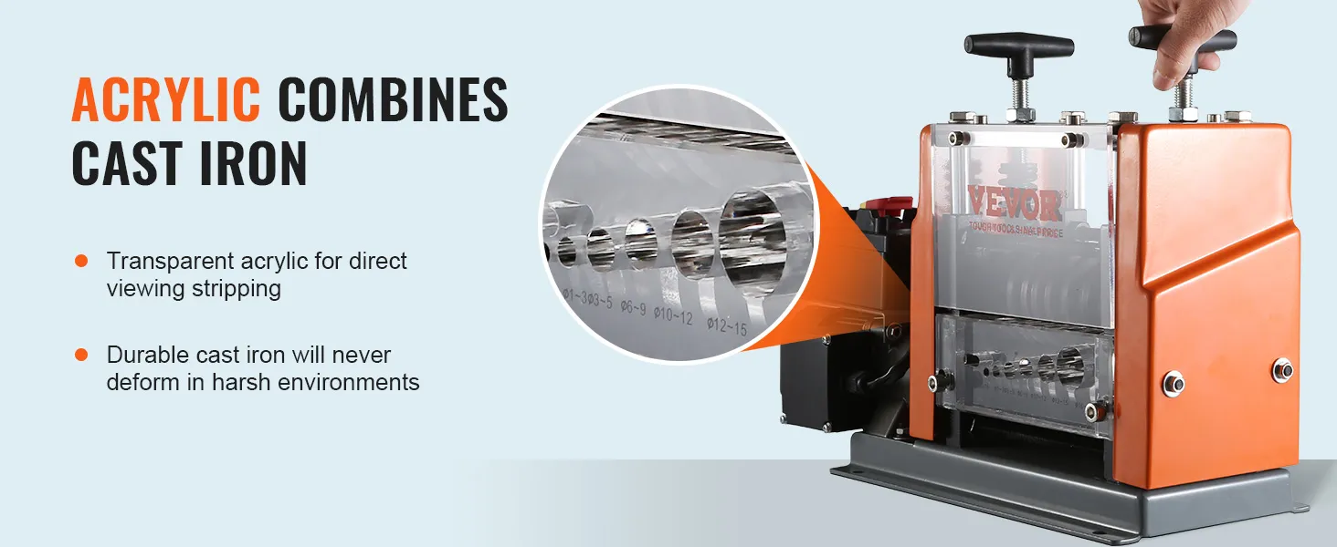 VEVOR wire stripping machine with clear acrylic window and sturdy cast iron for ultimate durability.
