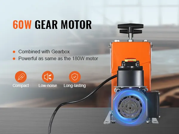 VEVOR wire stripping machine with a 60w gear motor, highlighting compact, low-noise, and long-lasting features.
