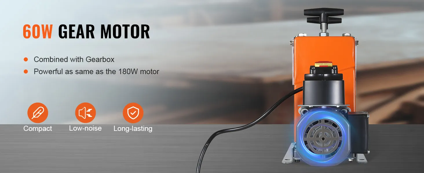 VEVOR wire stripping machine with a 60w gear motor, highlighting compact, low-noise, and long-lasting features.
