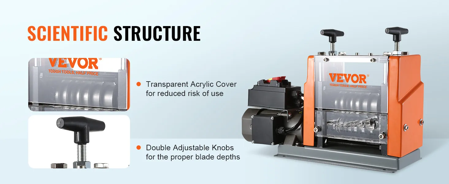 VEVOR wire stripping machine with transparent acrylic cover and double adjustable knobs.