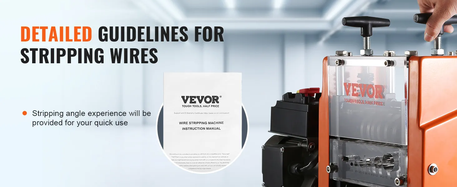 VEVOR wire stripping machine with instruction manual and guidelines for stripping wires.