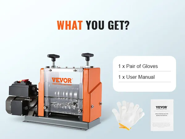 VEVOR wire stripping machine with gloves and user manual included.