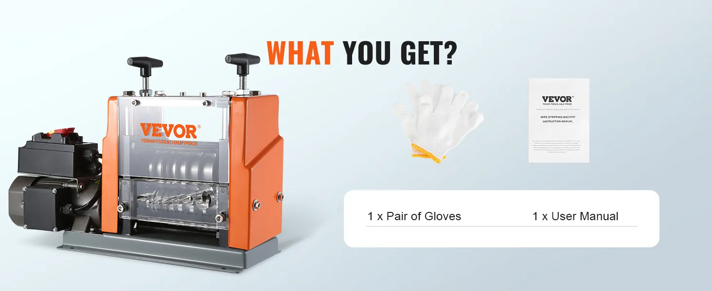 VEVOR wire stripping machine with gloves and user manual included.