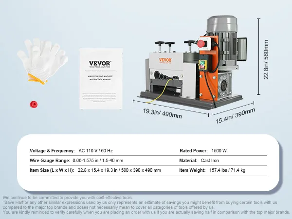VEVOR wire stripping machine with 1500w power, wire gauge range 0.06-1.575 in, made of cast iron.