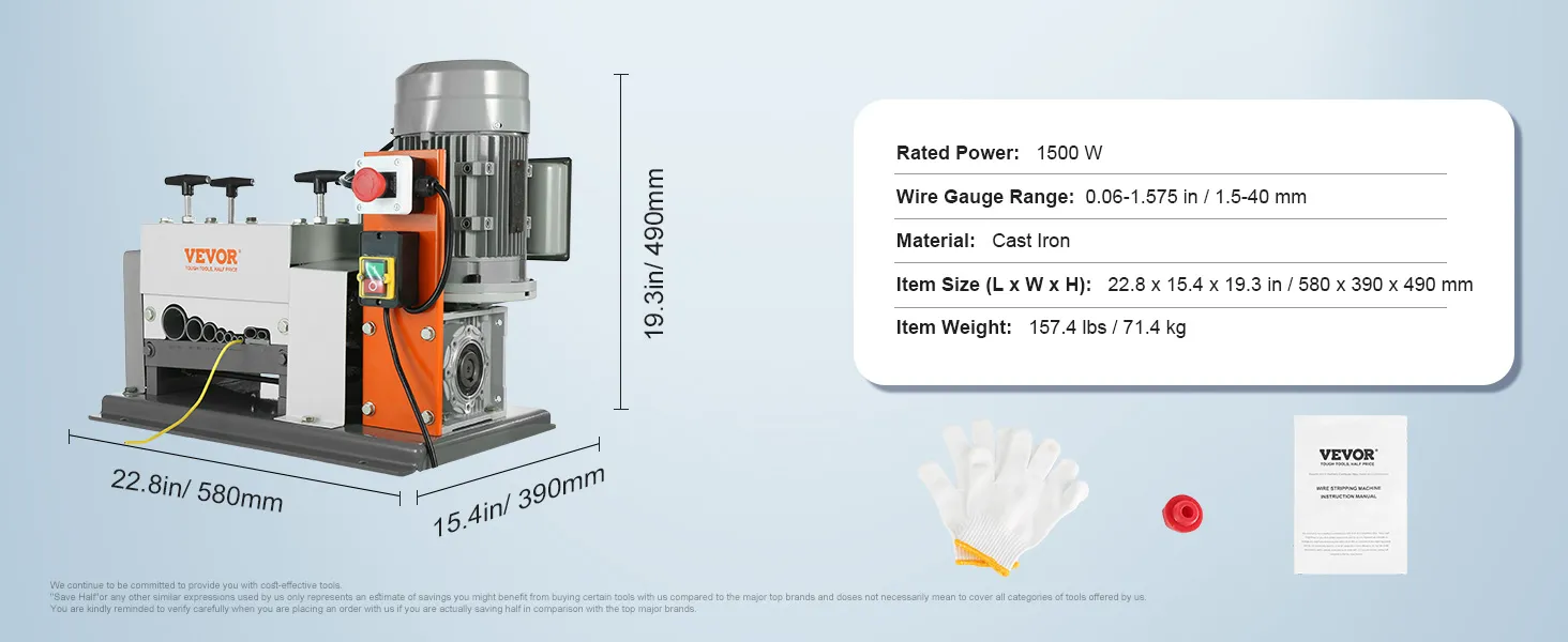 VEVOR wire stripping machine with 1500w power, wire gauge range 0.06-1.575 in, made of cast iron.