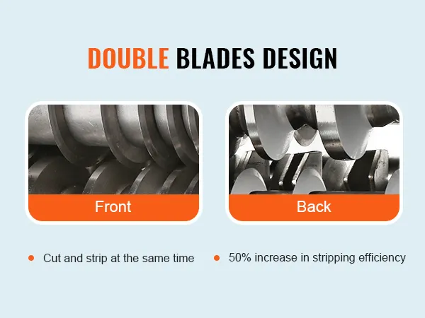 VEVOR wire stripping machine with double blades design for increased stripping efficiency, front and back views.