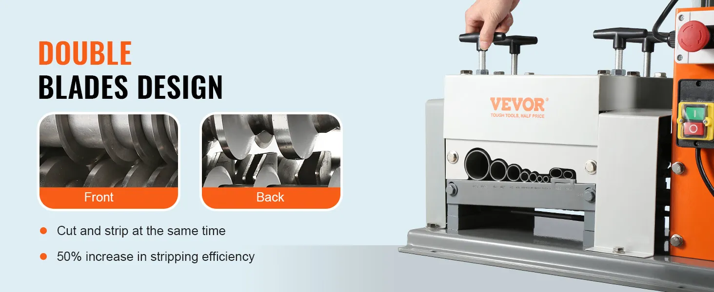VEVOR wire stripping machine with double blades design for increased stripping efficiency, front and back views.