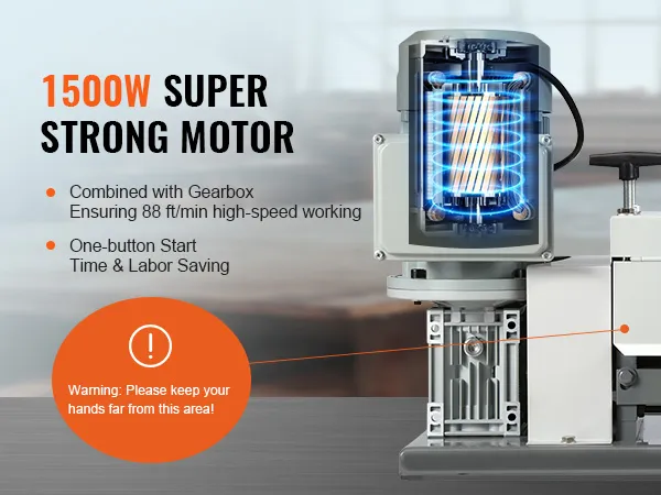 1500w VEVOR wire stripping machine with gearbox, high-speed operation, one-button start, safety warning.